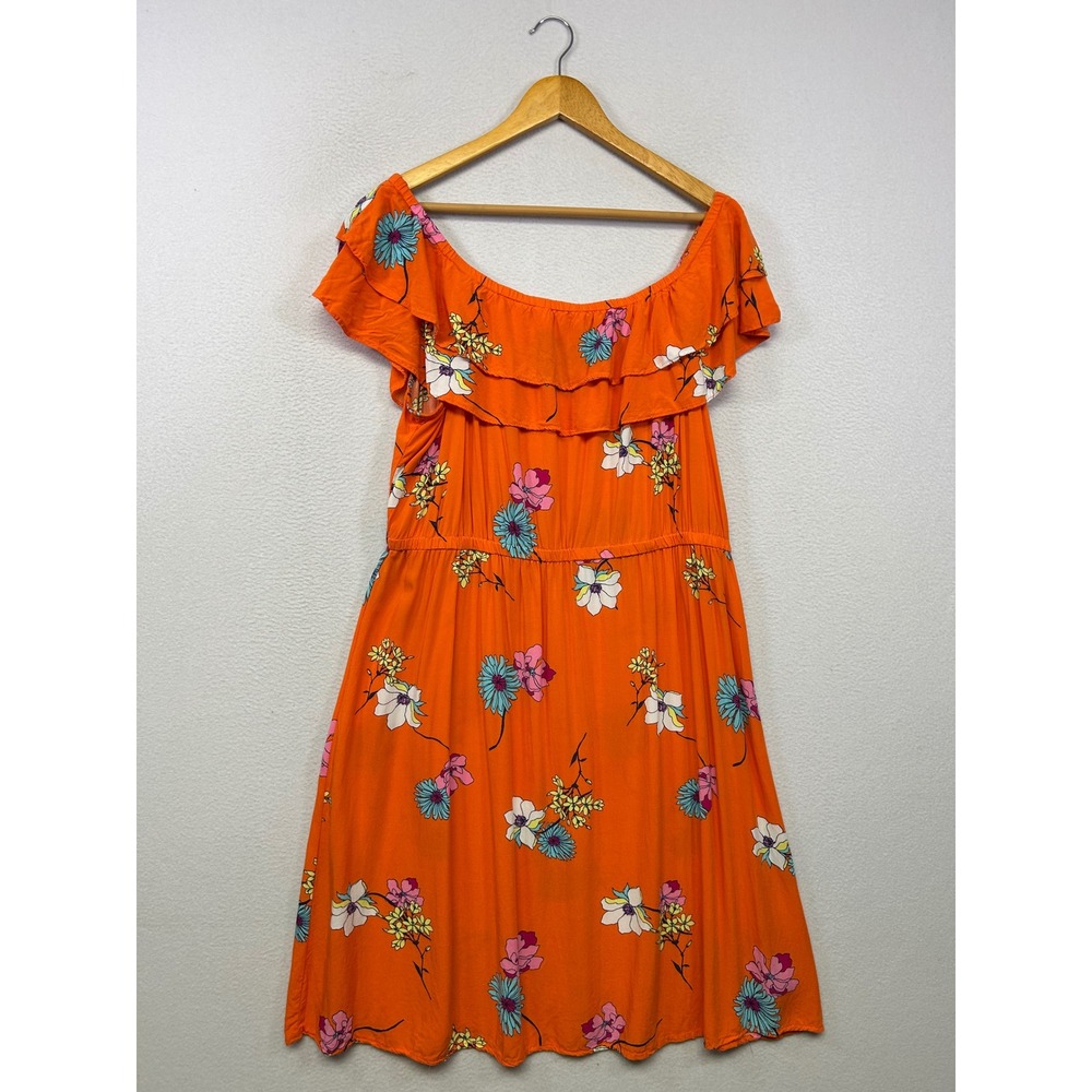 Boho Cottagecore a.n.a Womens XL Orange Floral Ruffle Off Shoulder Sun Dress